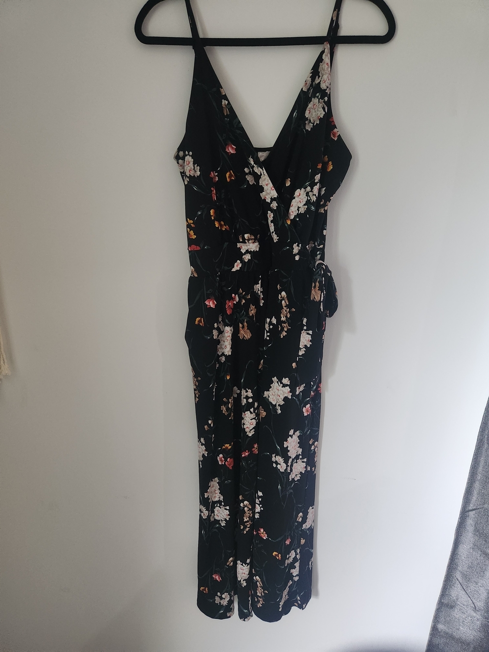 Black Floral Faux Wrap Jumpsuit with Tie Waist Size M
